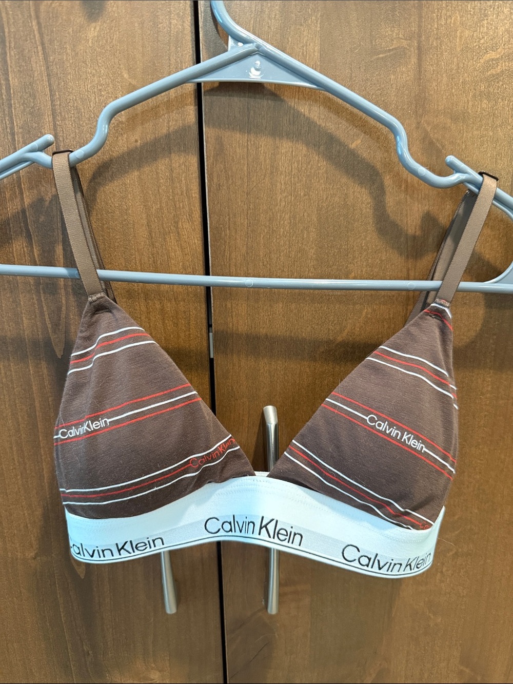 Calvin Klein Brown Bralette with Red and White Stripe Accents